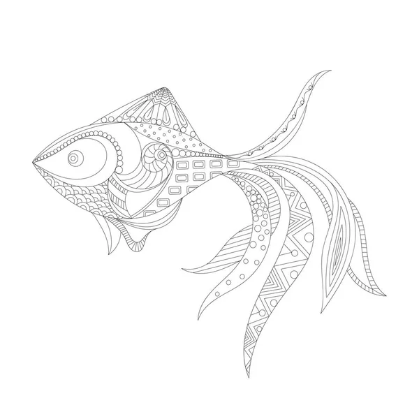 Gambar tangan ikan fantasi dengan pola etnis corat-coret. Pewarnaan halaman zendala, untuk mewarnai dan meditasi untuk orang dewasa, vektor ilustrasi, terisolasi pada latar belakang putih. Zen doodle zentangle - Stok Vektor