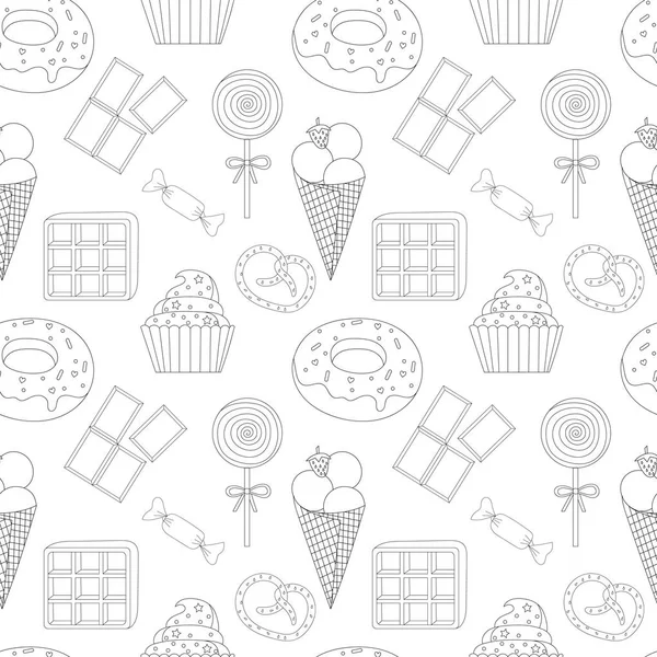 Page à colorier sans couture avec gâteau, crème glacée, cupcake, bonbons, beignets, chocolat, gaufre, bretzel, sucette et autres desserts. Livre de coloriage dessert doux. Dessert isolé vectoriel — Image vectorielle