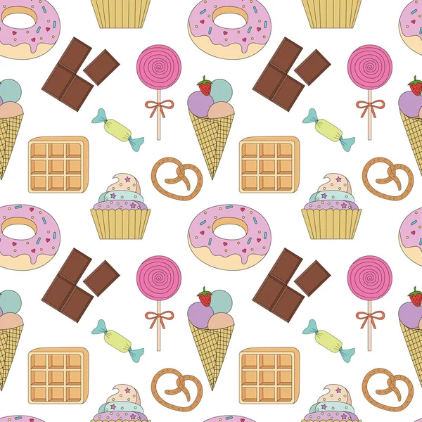 Motif sans couture coloré avec gâteau, crème glacée, cupcake, bonbons, beignets, chocolat, gaufre, bretzel, sucette et autre dessert. Doux dessert. Vecteur isolé pour la confiserie et le papier d'emballage — Image vectorielle