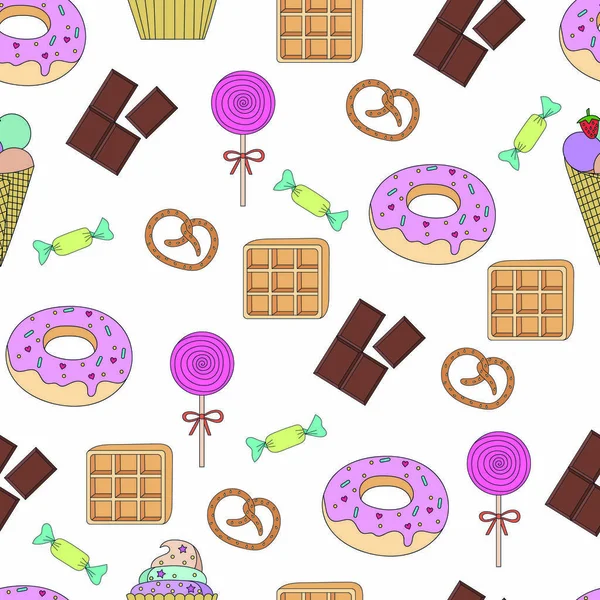 Página para colorear patrón sin costuras con pastel, helado, magdalena, dulces, donas, chocolate, waffle, pretzel, piruleta y otro postre. Libro para colorear postre dulce. Postre aislado vectorial — Archivo Imágenes Vectoriales