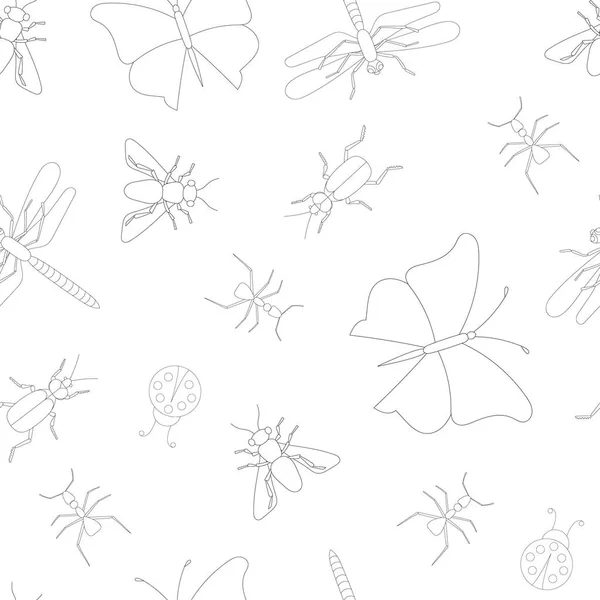 在白色背景上隔离的无缝昆虫轮廓图案 — 图库矢量图片