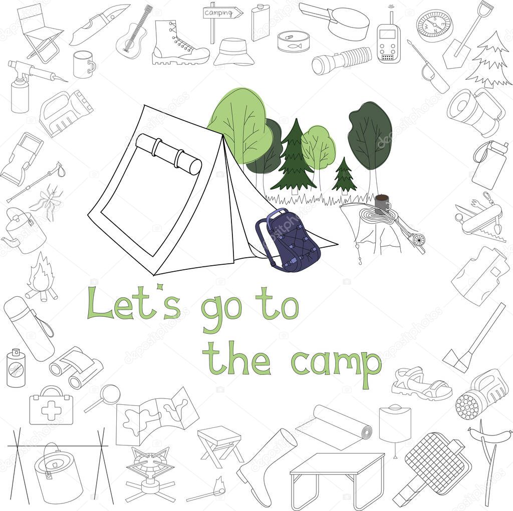 Vector illustration. Set of isolated objects on the theme of camping, outdoor activities, nature. Hand drawn. Cartoon style. Great for greeting card, postcard, poster, print, flyers