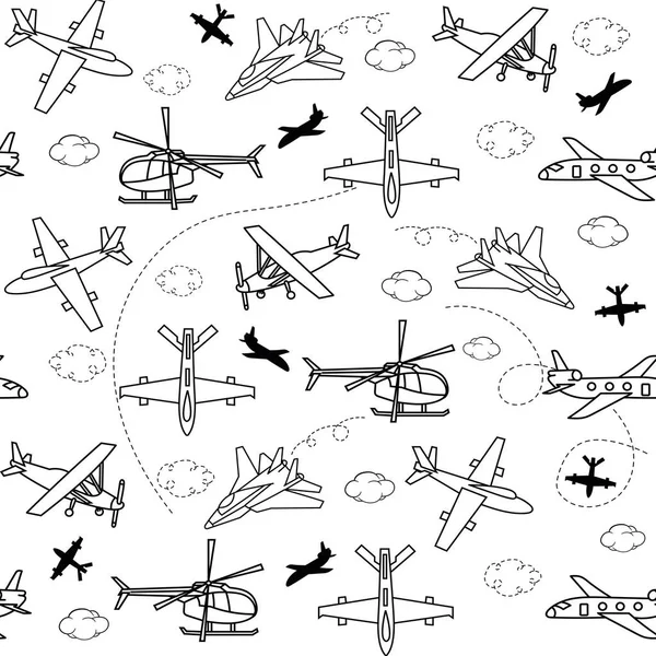 シームレスなベクトルパターン航空機とヘリコプター 白と黒の背景に隔離された ファブリック 包装紙 背景用 — ストックベクタ