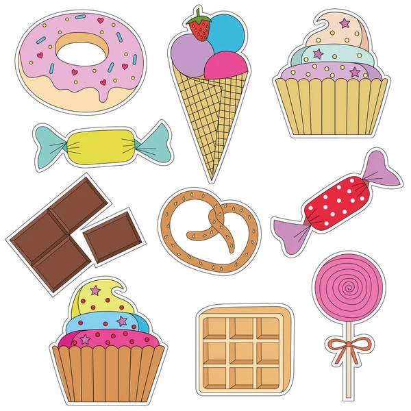 Conjunto Pegatinas Colores Con Pastel Helado Cupcakes Dulces Donas Chocolate — Archivo Imágenes Vectoriales