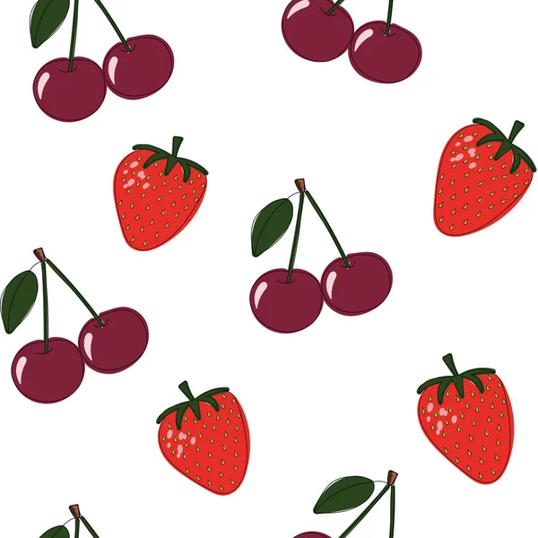 Natural Delicious Juicy Organic Berries Seamless Pattern Strawberries Cherry Vector — Stock Vector