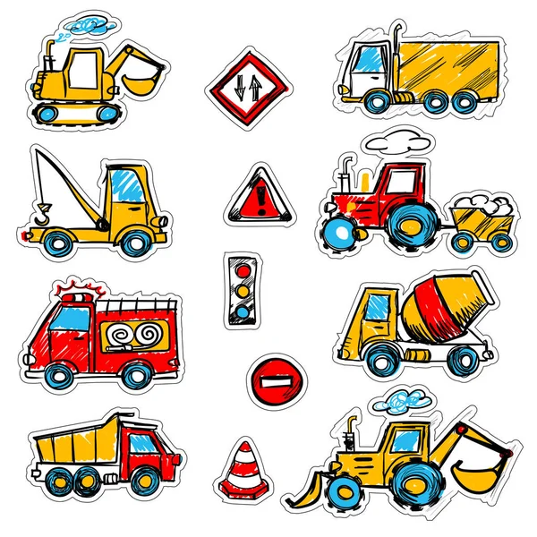 Tekenfilmkleurige Machines Betonmixer Kraan Dump Truck Bulldozer Borden Stickers Met — Stockvector