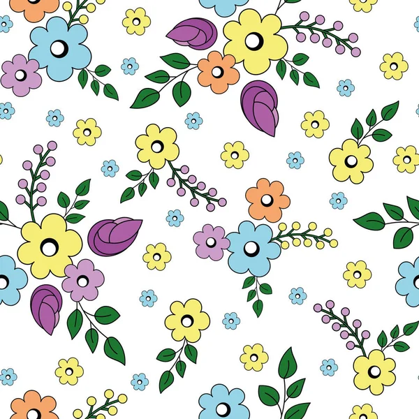 Στυλιζαρισμένο χαριτωμένο παστέλ λουλούδι ανθοδέσμες με κλαδιά και φύλλα, μικρά λουλούδια, σε ένα λευκό φόντο, απρόσκοπτη μοτίβο διάνυσμα χρώμα — Διανυσματικό Αρχείο
