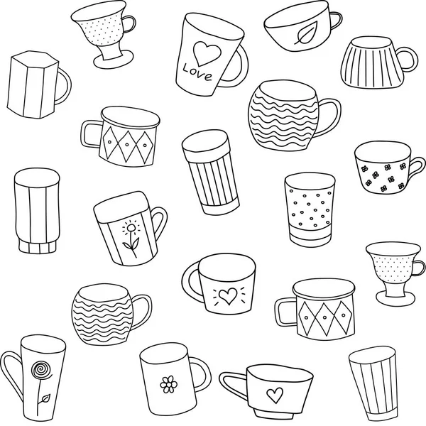 Seamless Vector Pattern Tea Cups Black White Background Isolated Drawings — Stock Vector