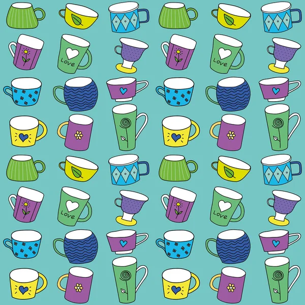 図面とかわいい多色ティーカップ 様々な形状 落書きスタイル ターコイズの背景に シームレスベクトルパターン 生地のための — ストックベクタ