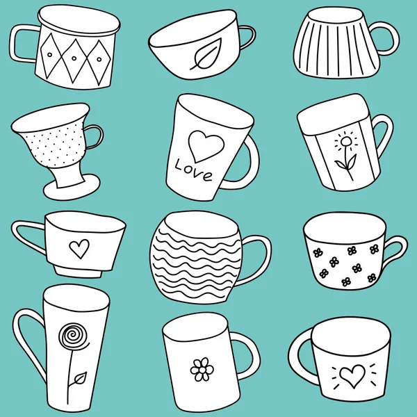Cute Tea Cups Drawings Various Shapes Doodle Style White Turquoise — Stock Vector