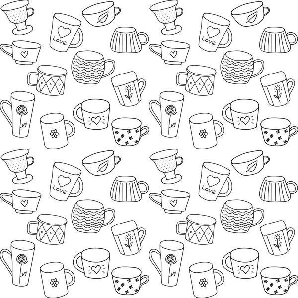 紅茶カップ 白の背景に黒でシームレスなベクトルパターンは 様々な形状 落書きスタイルで 隔離された 着色ページに適しています — ストックベクタ