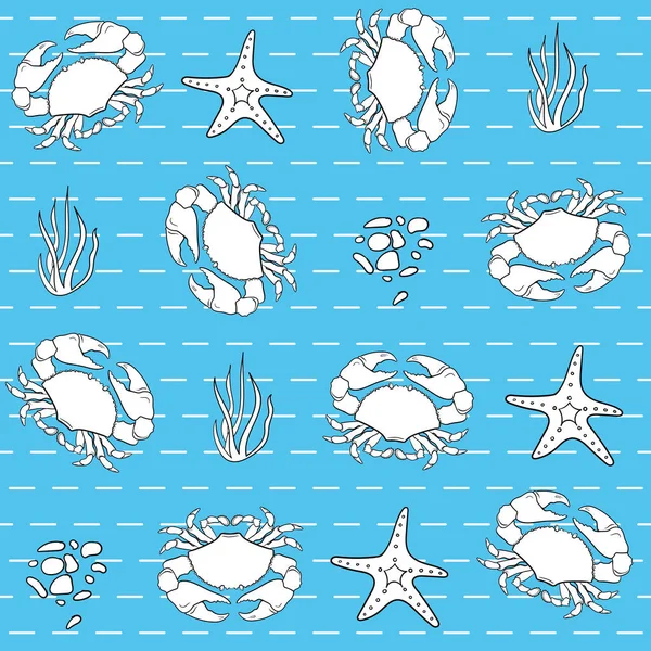 Симпатичный бесшовный рисунок с белыми крабами, морская звезда. Векторная детская иллюстрация на синем фоне. Подходит для печати на ткани, бумаге, обоях — стоковый вектор
