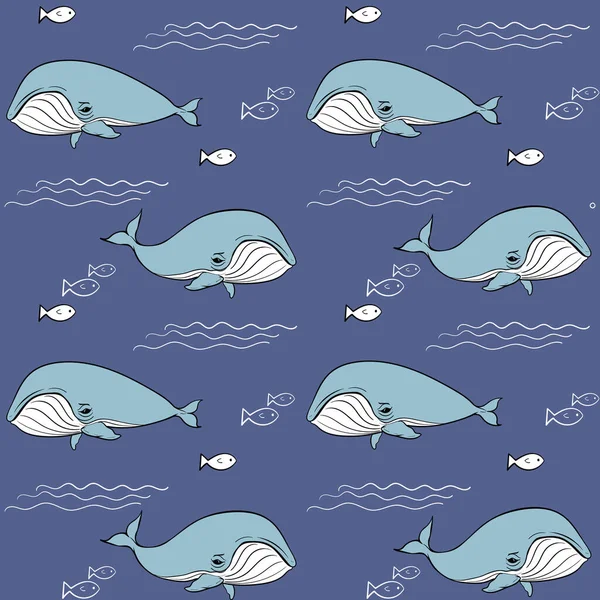 蓝色背景上有蓝鲸的无缝矢量图案，海浪，鱼。用于织物、壁纸、纸的印刷 — 图库矢量图片
