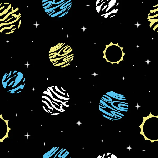 Motif vectoriel sans couture de l'espace sur un fond sombre avec des planètes et des étoiles jaunes, bleues et blanches. pour impression sur tissu, pour enfants — Image vectorielle