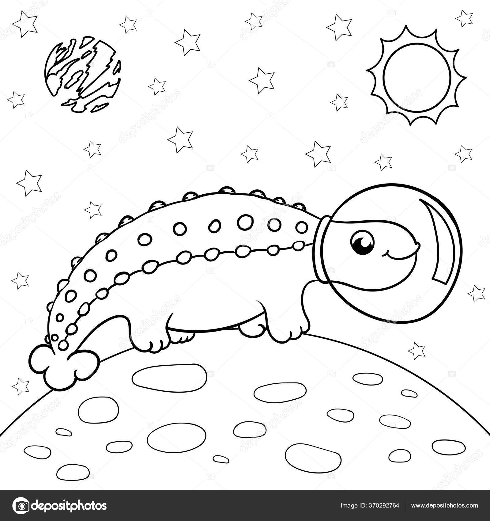 Astronauta dino engraçado no espaço dinossauro no espaço vetor desenhado à  mão para colorir crianças