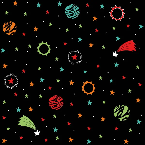Бесшовный Векторный Рисунок Пространства Темном Фоне Зелеными Красными Оранжевыми Планетами — стоковый вектор