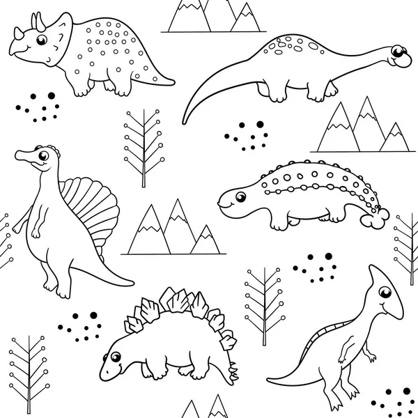 Padrão de vetor sem costura em preto e branco em um fundo branco com vários dinossauros de desenhos animados bonitos com árvores, montanha. para papel de parede, impressão em tecido, papel, para livros para colorir crianças —  Vetores de Stock