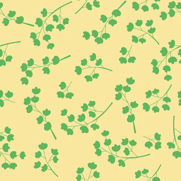 Delikatne zielone gałązki z małych kwiatów lub liści na żółtym tle. bezszwowy wzór wektora. Tło dla obchodów jesiennych lasów ekologicznych. kwiatowe symbole rustykalne — Wektor stockowy