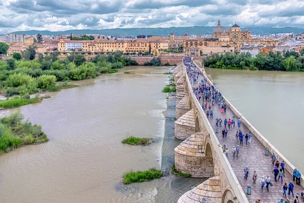 Roma Köprüsü (Puente Romano), Umayyad Camii (Mezquita-Katedrali), Gudalquivir nehri ve Calahorra kulesinin tepesinden Cordoba manzaralı eski bir kasaba. Cordoba, İspanya,