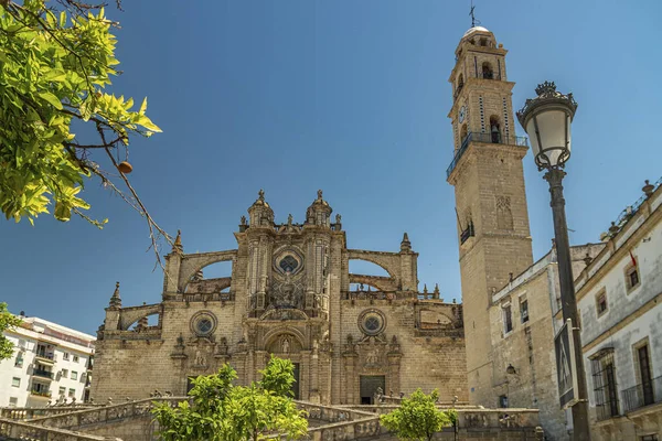Fachada Principal Catedral Torre Sino Jerez Frontera Andaluzia Espanha — Fotografia de Stock