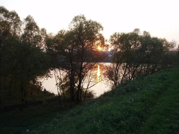 Růžovo Červený Západ Slunce Nad Jezerem Zářící Mezi Vysokými Zelenými — Stock fotografie