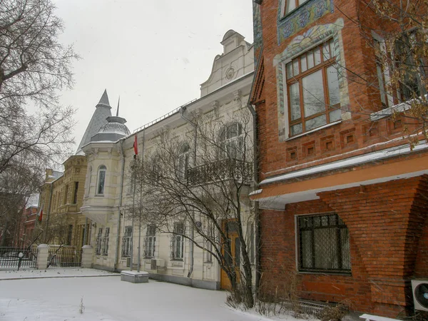 Binalar birbirine yakın kırmızı, beyaz ve bej renklerde ön planda çıplak ağaçlar ve karla kaplı bir kaldırım.