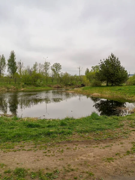 Jezioro Parku Miejskim Odbitymi Latarniami Szarymi Chmurami Otoczone Młodą Zieloną — Zdjęcie stockowe