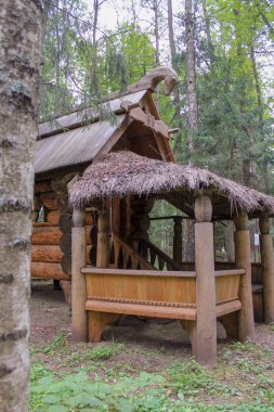 Bir ağaç gövdesinin arkasından, ormanın ortasında sazdan bir çatısı olan sağlam kütüklerden sütunlar üzerinde dekoratif bir kulübeye bak.