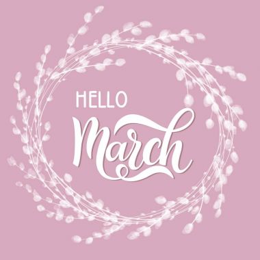 Merhaba Mart bahar yazı. Davetiyeler, posterler, tebrik kartları için öğeleri.