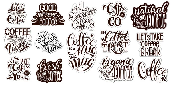Lettering Sets of Coffee Quotes. Calligraphic hand drawn sign. Graphic design lifestyle texts. Coffee cup typography. — Stock Vector