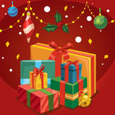 vektör çizim tasarım hediye kutuları kırmızı arka plan ile neşeli Noel simgesinin