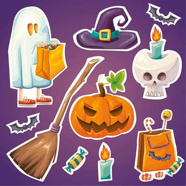 Design Ilustração Vetorial Ícones Halloween Assustadores Definidos Fundo Roxo — Vetor de Stock