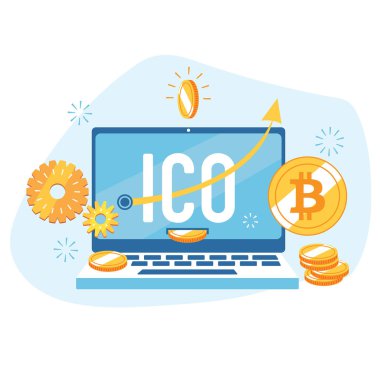 vektör çizim tasarım mavi zemin üzerine altın bitcoin sembolleri ile yaratıcı dizüstü