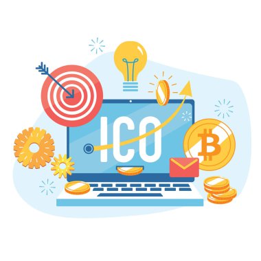 vektör çizim tasarım mavi zemin üzerine altın bitcoin sembolleri ile yaratıcı dizüstü