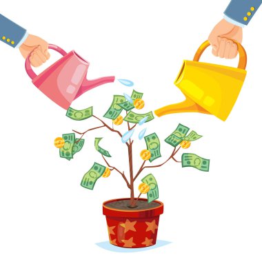 vektör çizim tasarım karikatür para ağacı simgesi beyaz arka plan üzerinde iki sulama kutular ile