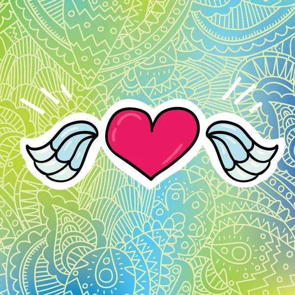 Векторная Иллюстрация Дизайн Милой Иконки Мультяшного Сердца Крыльями Зеленом Фоне — стоковый вектор