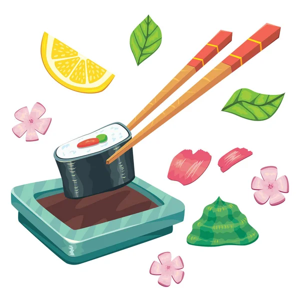 Illustration Vectorielle Dessin Animé Sushi Sauce Soja Avec Baguettes Isolées — Image vectorielle