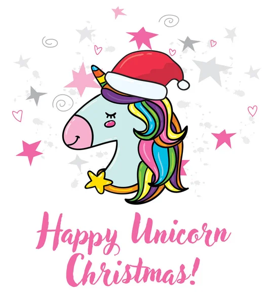 Vektor Illustration Design Von Niedlichen Cartoon Einhorn Symbol Mit Weihnachtsmütze — Stockvektor