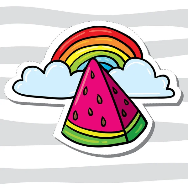 可爱卡通西瓜的矢量插画设计明亮条纹背景下的彩虹图案 — 图库矢量图片