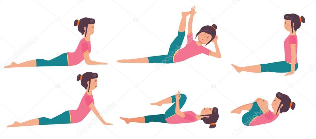 vector illustration design of cartoon yoga poses set isolated on white background