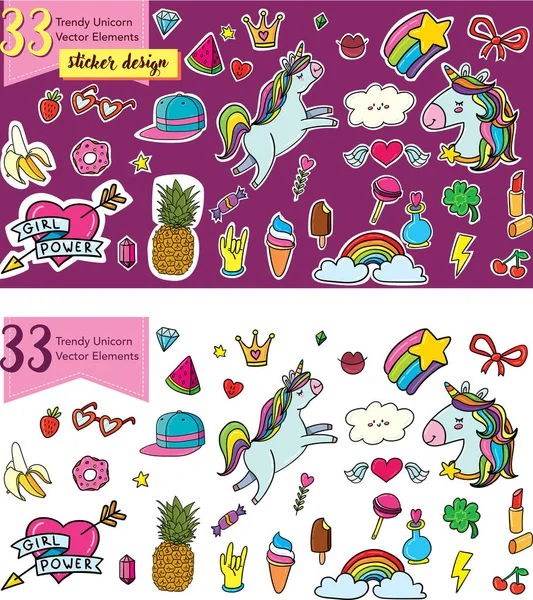 vector illustration design of cartoon icons set with cute unicorns on white and purple background