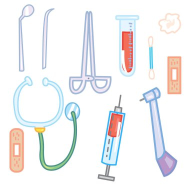 Vektör çizim tıbbi parmak izi renkli etiket. Tıbbi araçlar kümesi