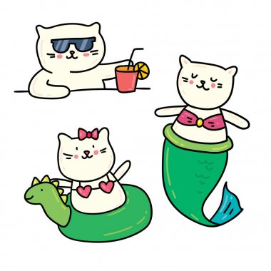 Çocukça etiketleri yazdırmak için renkli resimde. Vektör meowmaids çıkartmaları kümesi