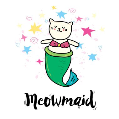 Renkli resimde çocukça etiket baskı için. Vektör meowmaid etiket 