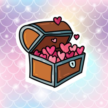 Renkli resimde çocukça etiket baskı için. Vektör göğüs kalp çıkartması 