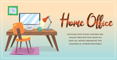 Vektör karikatür tarzı web banner ev freelancer'ın ofisi. Çalışma masası, bilgisayar, lamba illüstrasyon