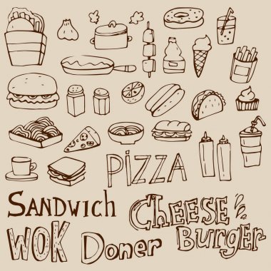 Vektör doodle fast food ürünleri ile desenli arka plan resmi