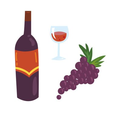 İspanya Tema için renkli vektör etiket. Şişe şarap kadehinin ve kırmızı üzüm salkımı ile vektör çizim