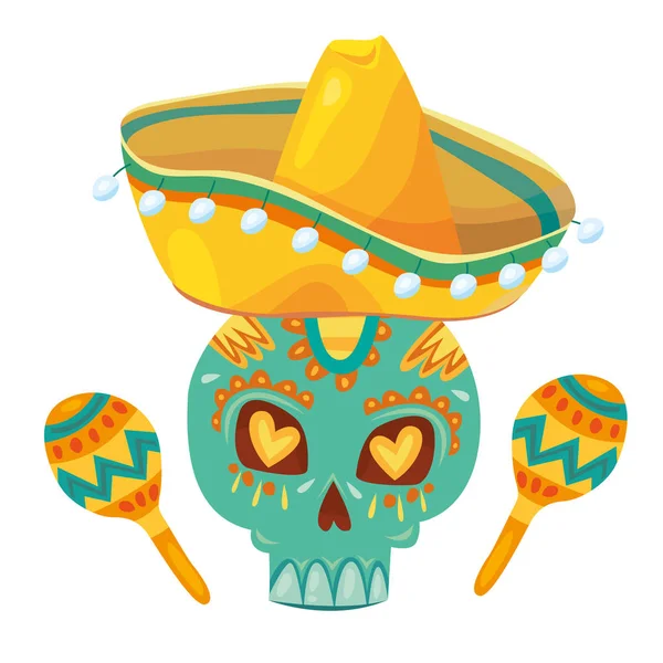 Mexikanische Totensonntagssymbole Lateinamerikanische Party Fiesta Elemente Mexikanischer Sombrero Totenkopf Maracas — Stockvektor