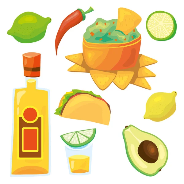 Traditionelles Mexikanisches Essen Und Trinken Spanischer Tequila Shot Limette Zitrone — Stockvektor